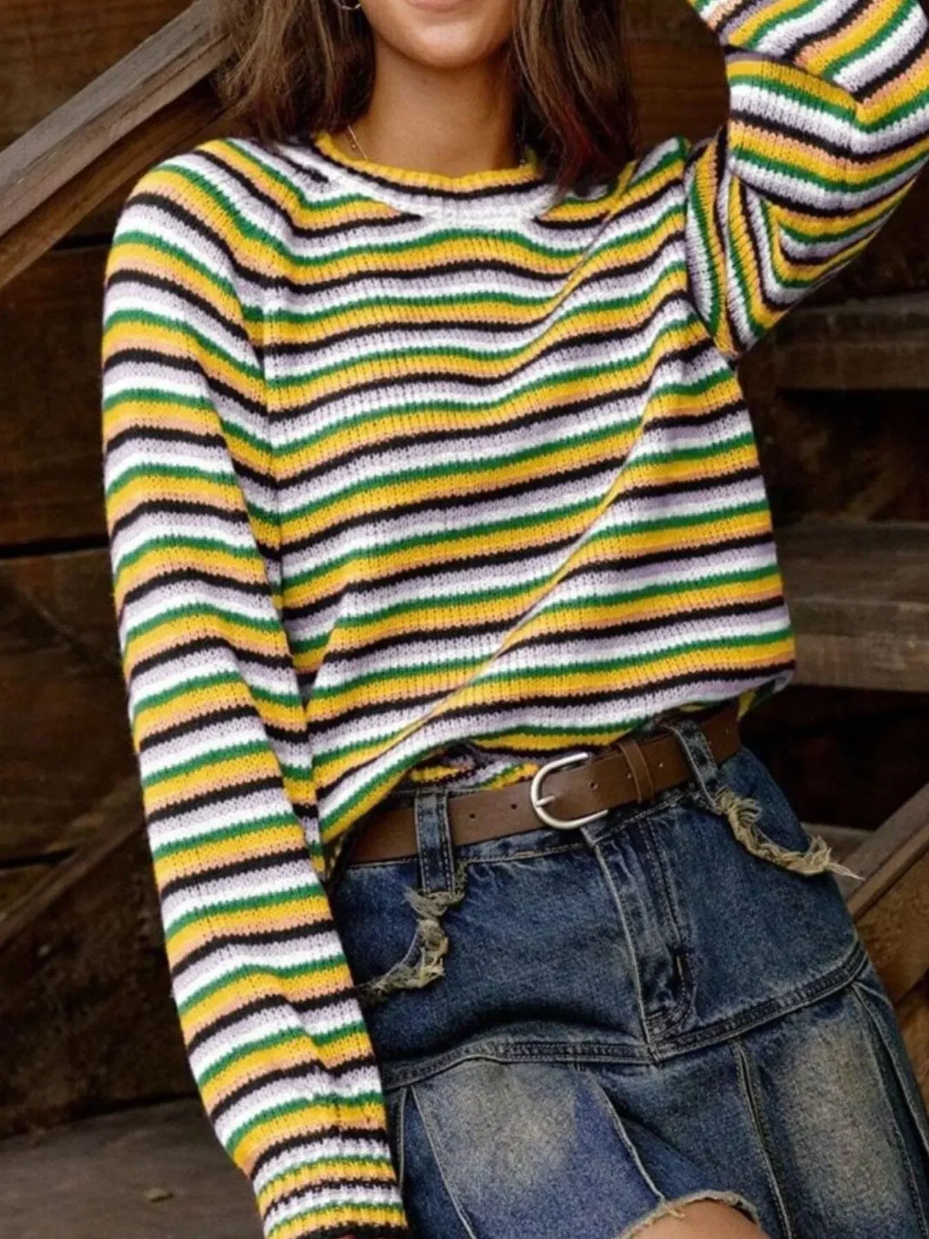 Rainbow Striped Pullover Sweater - DAVERRI FASHIONS