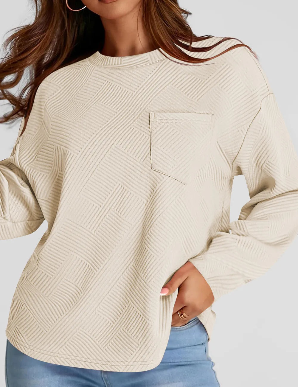 Full Size Texture Round Neck Long Sleeve Sweatshirt | Sweatshirts Daverri Fashions