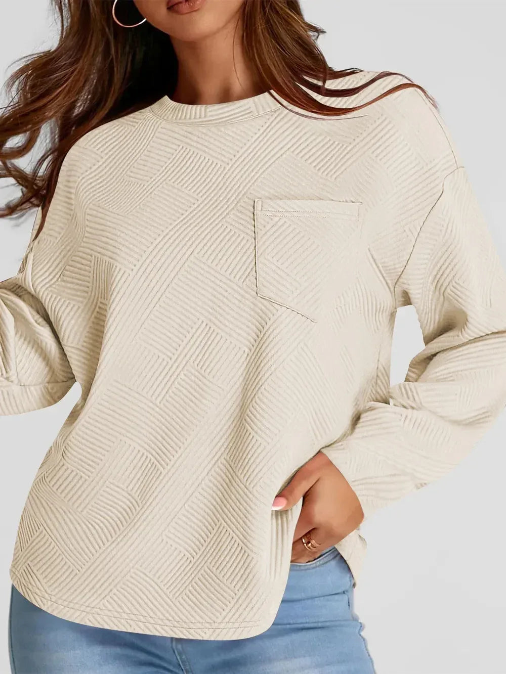 Full Size Texture Round Neck Long Sleeve Sweatshirt - DAVERRI FASHIONS