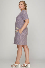 She + Sky Short Sleeve Pearl Studded Trim Knit Tweed Dress Lilac | Mini Dresses Daverri Fashions