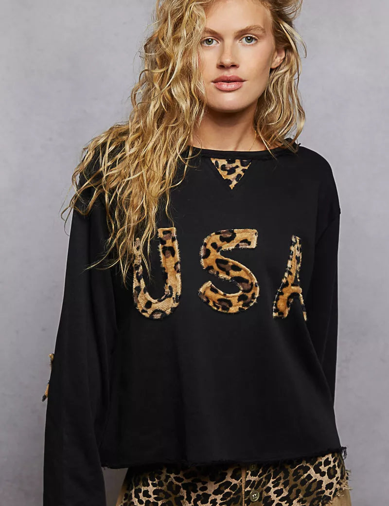 Black POL Round Neck Long Sleeve French Terry Sweatshirt with USA Letter Animal Patch | Sweatshirts Daverri Fashions