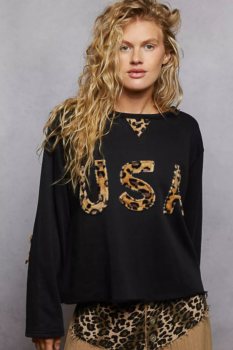 Black POL Round Neck Long Sleeve French Terry Sweatshirt with USA Letter Animal Patch | Sweatshirts Daverri Fashions