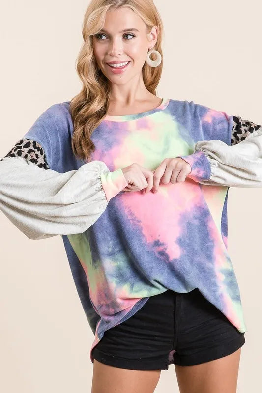 BiBi Tie Dye Terry Top with Contrast Puff Sleeves Tops