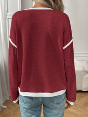 Ribbed Contrast Trim Long Sleeve Top | Knit Tops Daverri Fashions