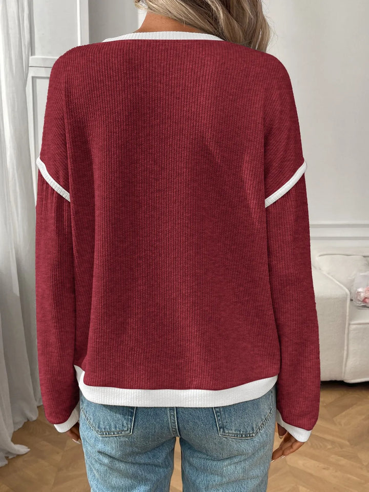 Ribbed Contrast Trim Long Sleeve Top | Knit Tops Daverri Fashions