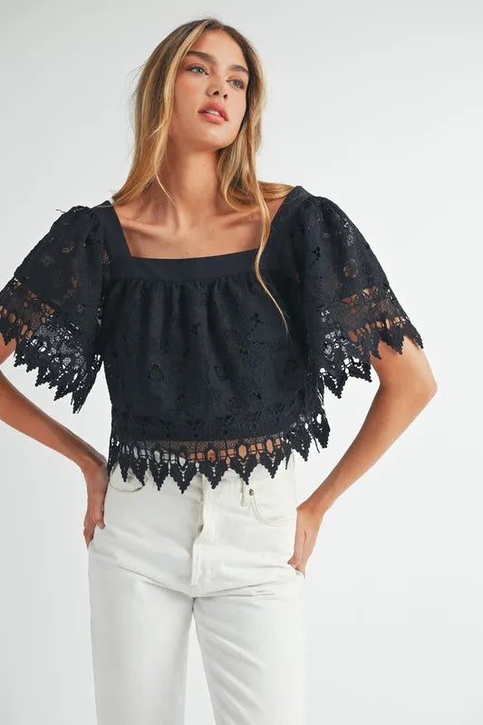MABLE Square Neck Crochet Lace Top With Double Bow Tie Black Tops