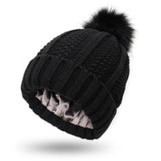 Black One size Stretchy Satin-Lined Skull Knit Pom Pom Hat | Hats Daverri Fashions