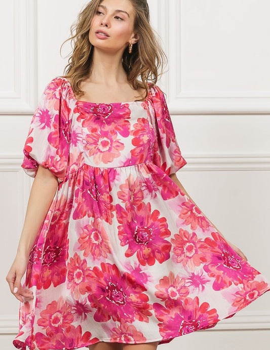 BiBi Floral Square Neck Puff Sleeve Mini Dress