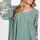 SAGE + FIG Ruched Round Neck Printed Bubble Sleeve Top Sage