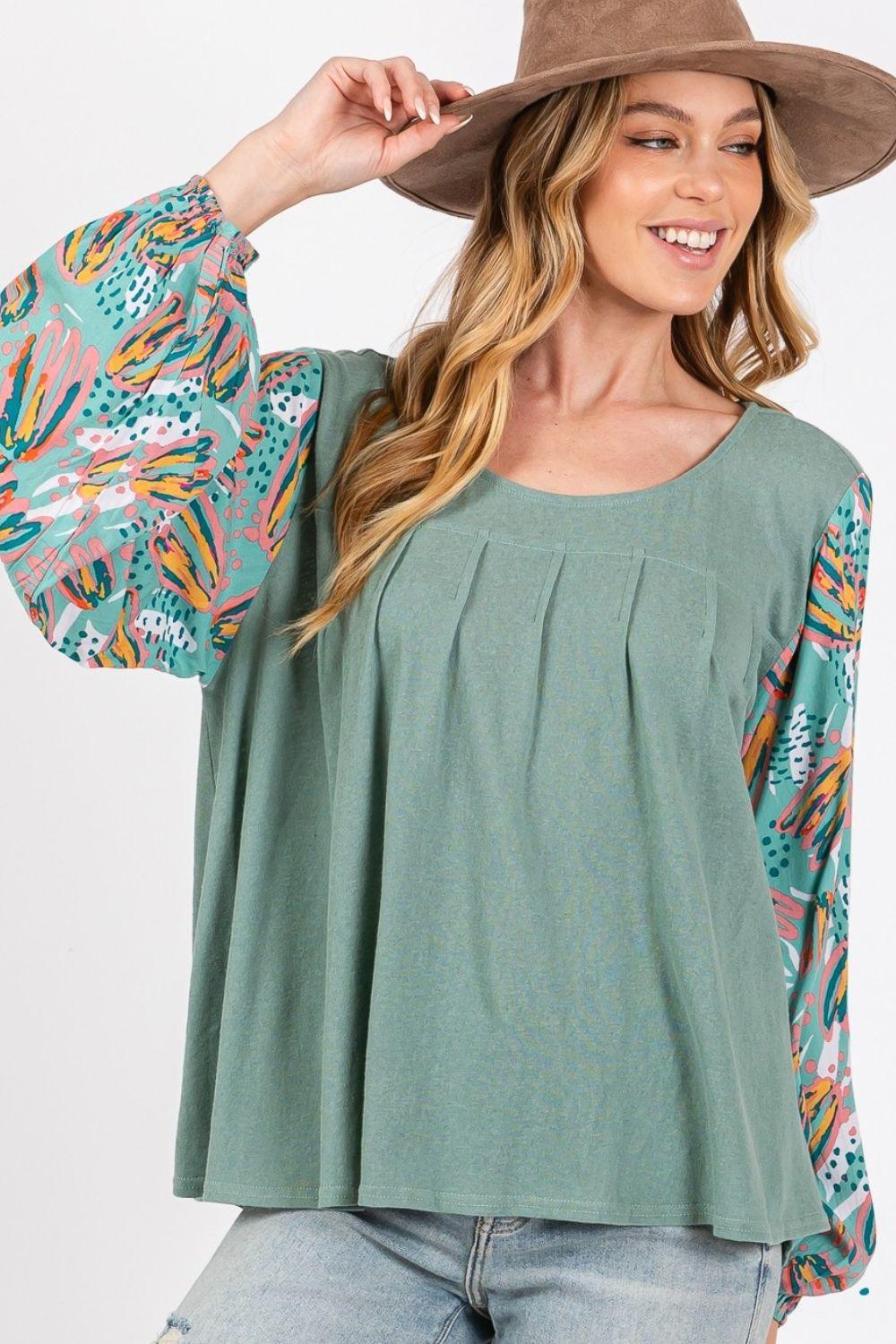 SAGE + FIG Ruched Round Neck Printed Bubble Sleeve Top Sage