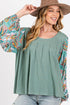 SAGE + FIG Ruched Round Neck Printed Bubble Sleeve Top Sage