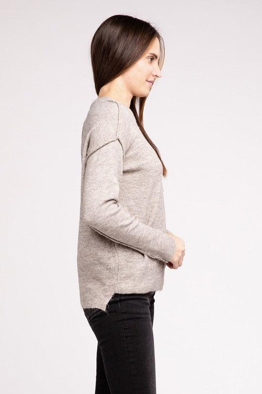 Zenana Hi-Low Hem Round Neck Sweater Sweaters