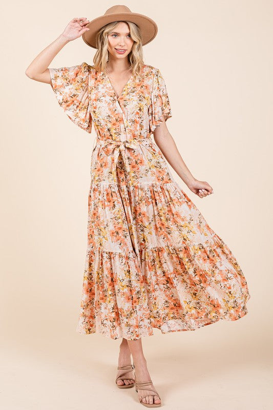 Mittoshop Floral Tie Waist Flutter Sleeve Tiered Dress