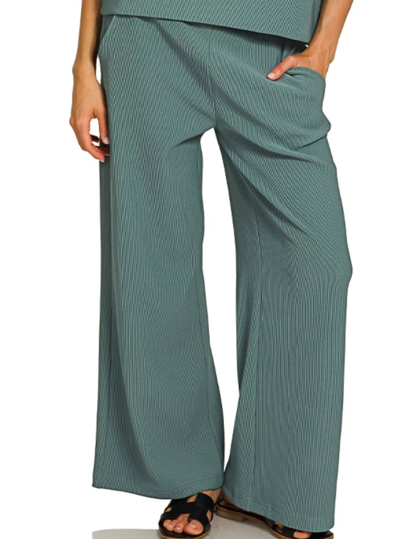Zenana Ribbed Round Neck Tee & Pants Set | Daverri Fashions