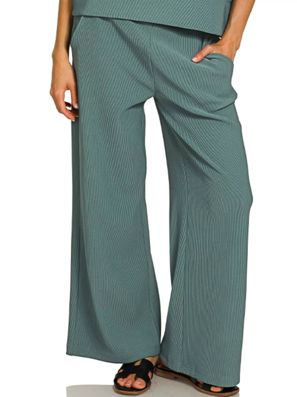 Zenana Ribbed Round Neck Tee & Pants Set | Daverri Fashions
