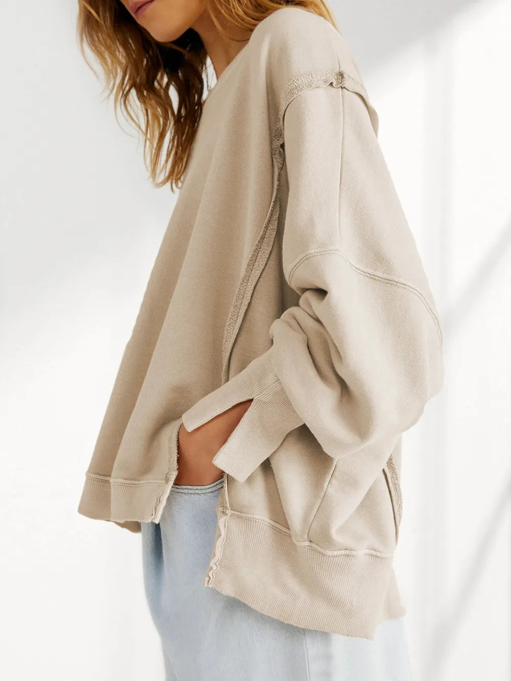 Slit Round Neck Dropped Shoulder Sweatshirt | Sweatshirts Daverri Fashions