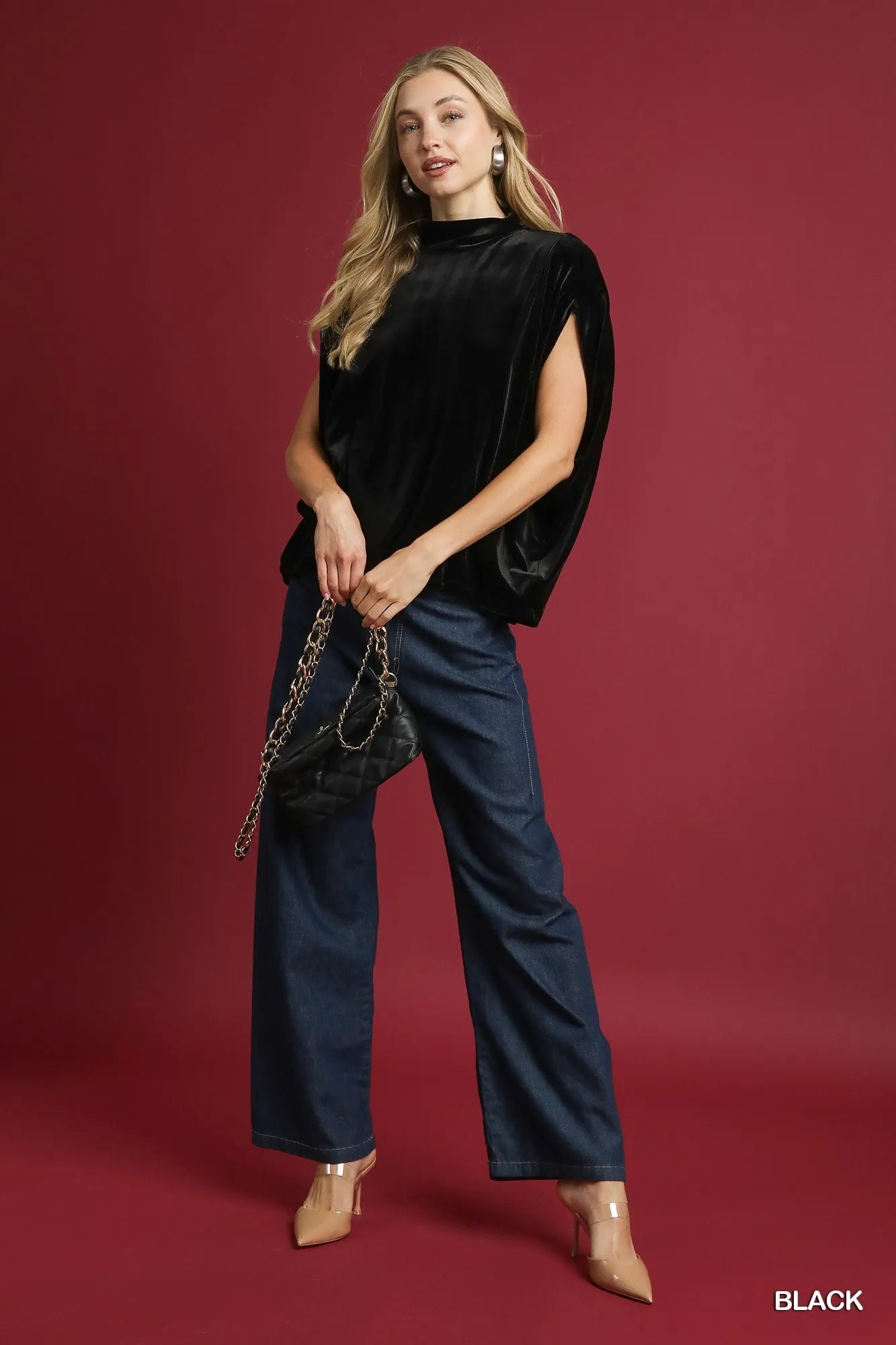 Umgee Velvet Mock Neck Sleeveless Blouse Blouses