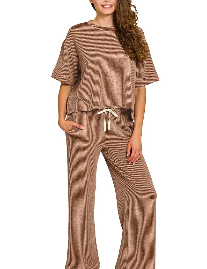 BROWN L Zenana Raised Rib Short Sleeve Tee & Pants Set | Daverri Fashions