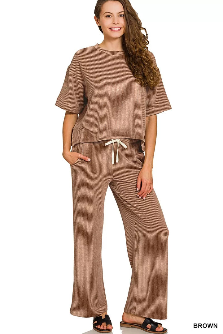 BROWN Zenana Raised Rib Short Sleeve Tee & Pants Set | Daverri Fashions