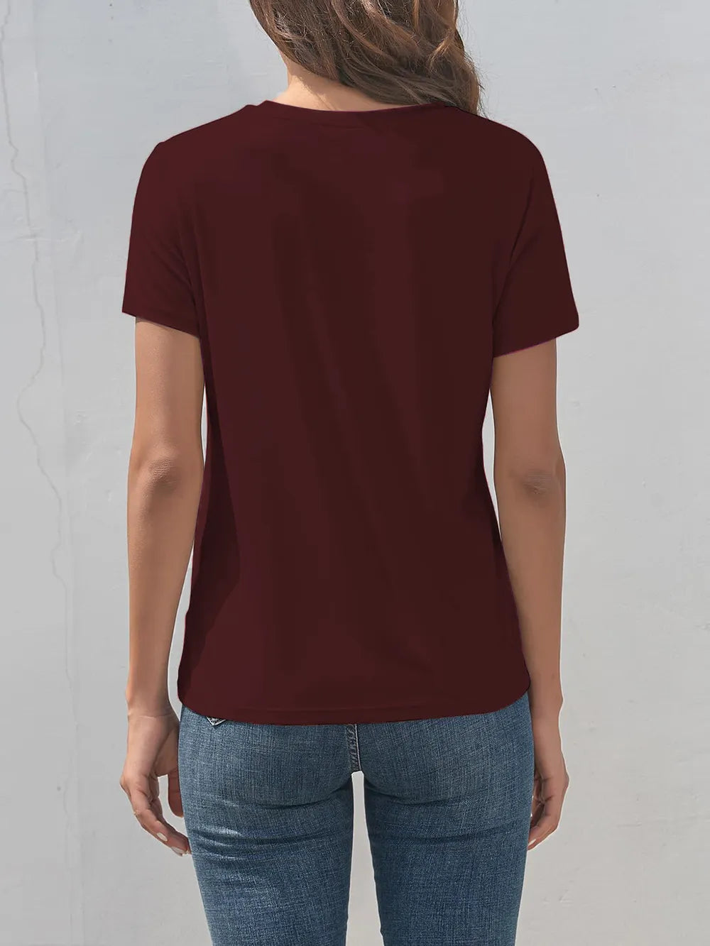 Smile Round Neck Burgundy Short-Sleeve T-Shirt with Blue Denim