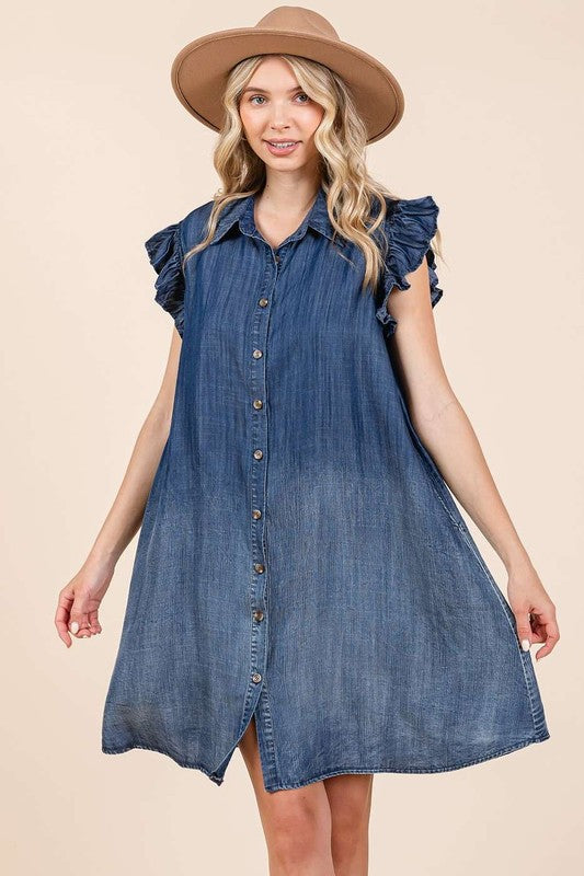 Mittoshop Washed Chambray Ruffle Sleeve Buttoned Mini Dress Mini Dresses