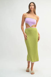 Lime MABLE Lime Ribbed Knit Color Block Cutout Midi Dress | Midi Dresses Daverri Fashions