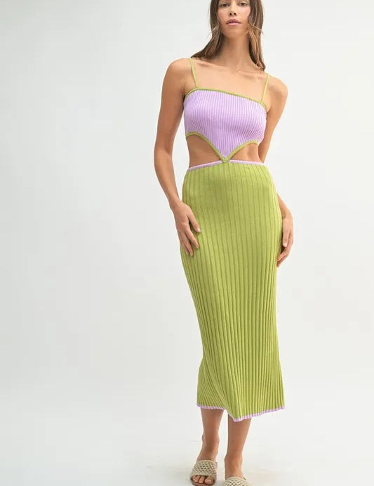 Lime MABLE Lime Ribbed Knit Color Block Cutout Midi Dress | Midi Dresses Daverri Fashions