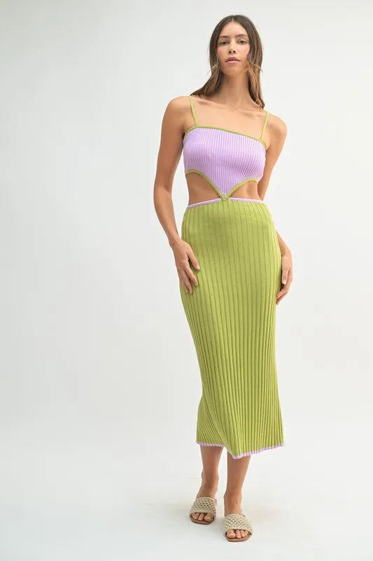 MABLE Lime Ribbed Knit Color Block Cutout Midi Dress Lime Midi Dresses