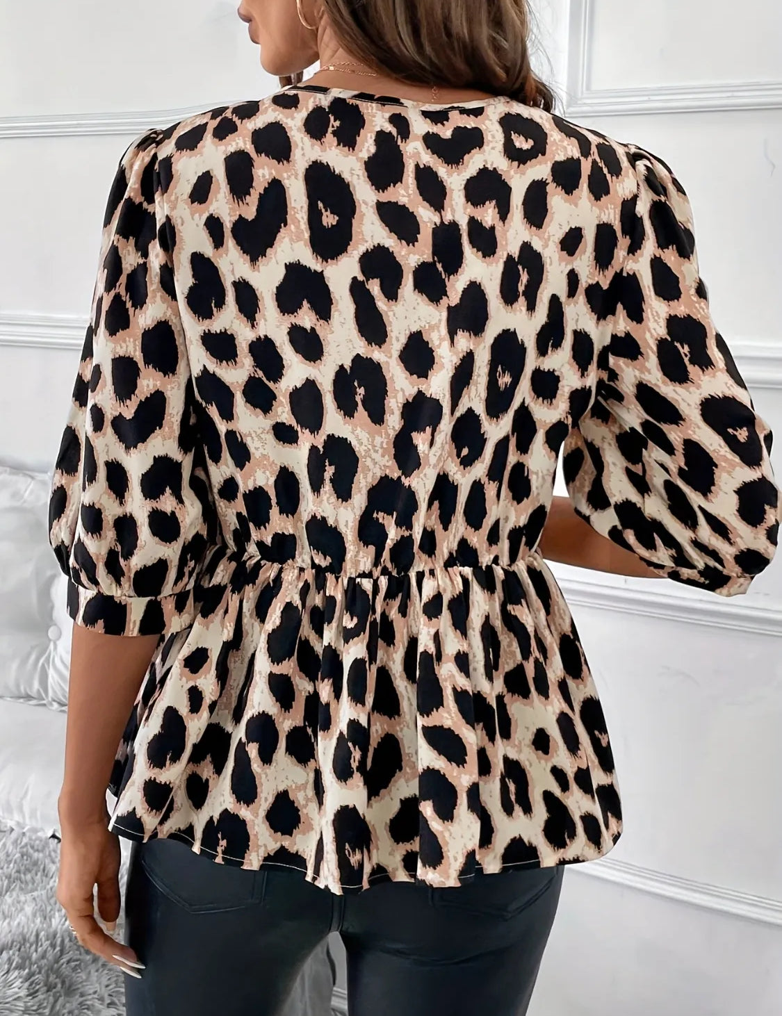 Tied Leopard Round Neck Half Sleeve Blouse | Blouses Daverri Fashions