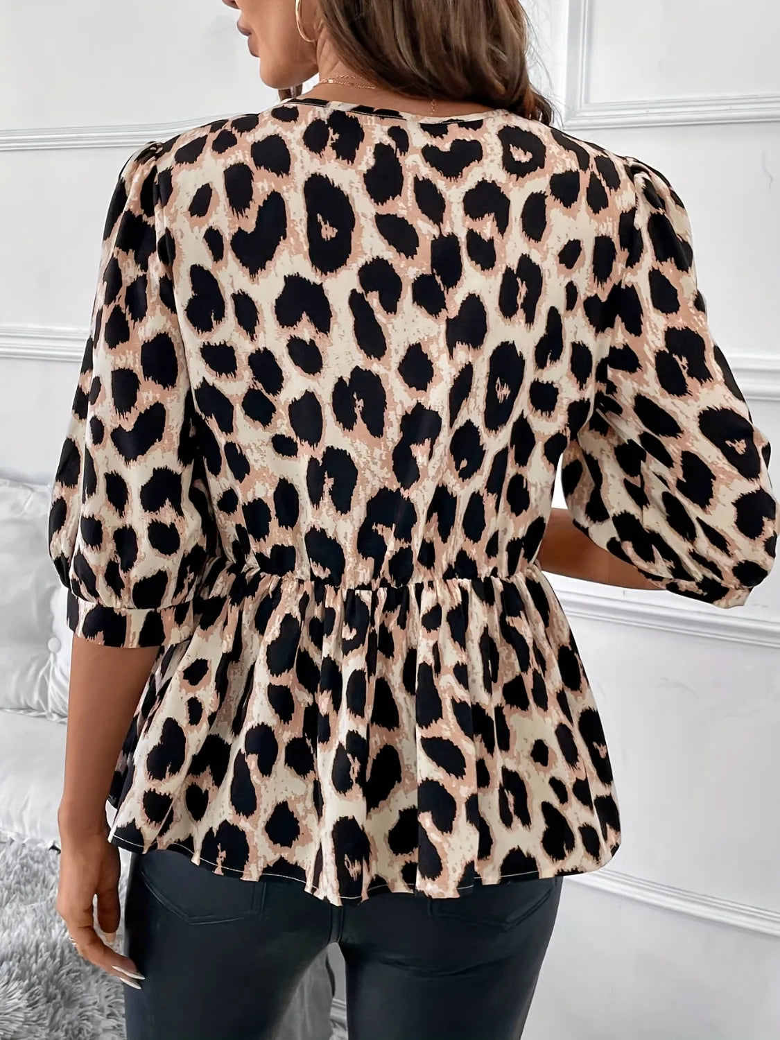 Tied Leopard Round Neck Half Sleeve Blouse | Blouses Daverri Fashions