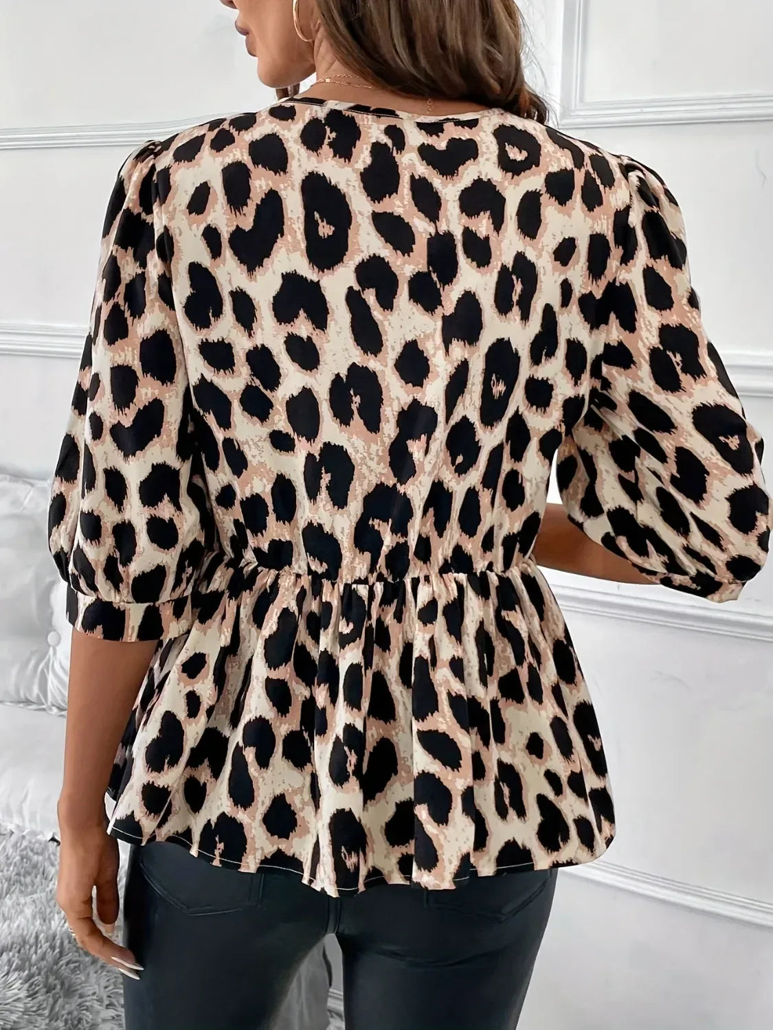 Tied Leopard Round Neck Half Sleeve Blouse - DAVERRI FASHIONS
