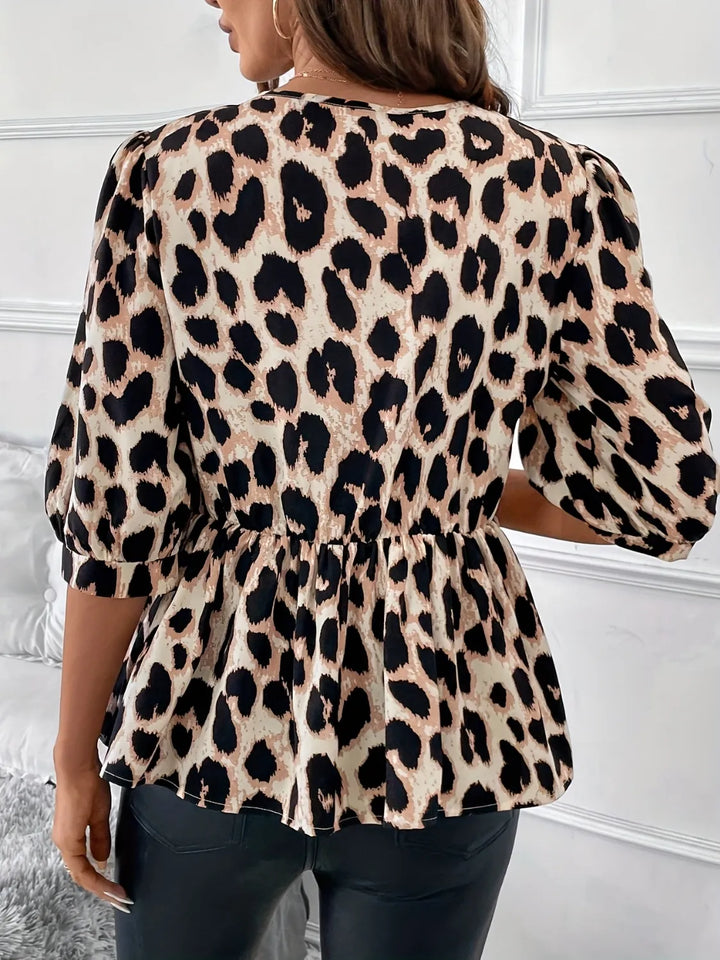 Tied Leopard Round Neck Half Sleeve Blouse | Blouses Daverri Fashions
