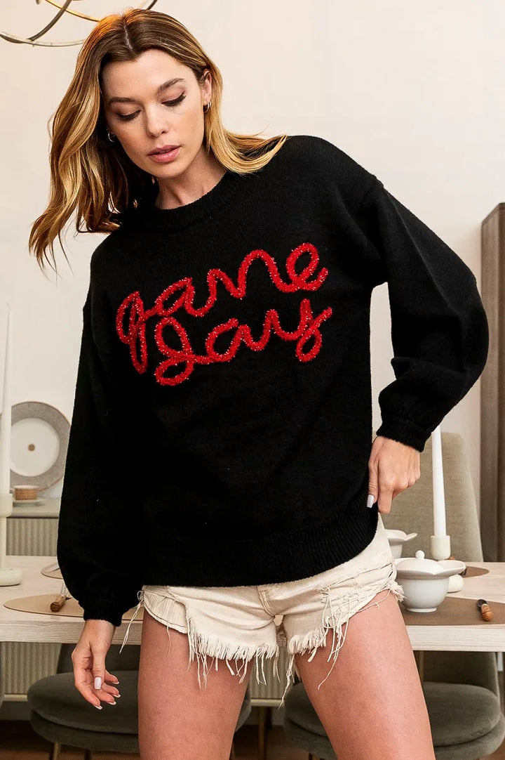 BiBi Game Day Metallic Letter Sweater | Daverri Fashions