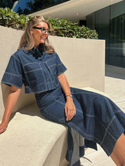 Cropped Short Sleeve Contrast Stitch Denim Top | Tops Daverri Fashions