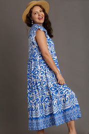 Umgee Full Size Two Tone Border Print Ruffle Cap Sleeve Midi Dress Plus Size | Mid Dresses Daverri Fashions