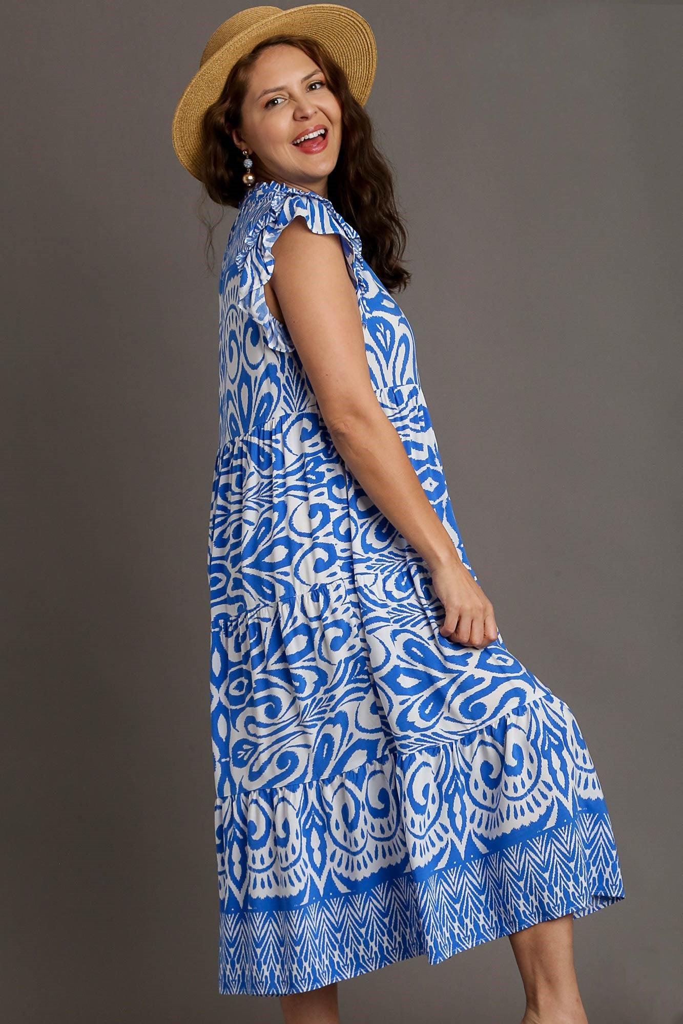 Umgee Full Size Two Tone Border Print Ruffle Cap Sleeve Midi Dress Plus Size Mid Dresses