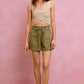 SO ME olive green paper bag twill shorts with drawstring waist