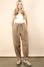 VERY J Solid Barrel Comfy Woven Pants - DAVERRI FASHIONS