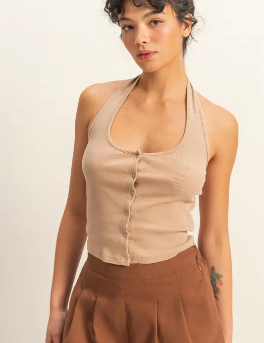 DARK TAUPE HYFVE Halter Neck Buttoned Washed Top | Tops Daverri Fashions