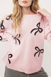 Light Pink Bow Pattern Knitted Loose Fit Sweater | Sweaters Daverri Fashions