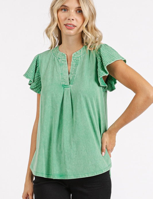 Mittoshop Mix Media Ruffle Short Sleeve Mineral Wash Top Grass Green