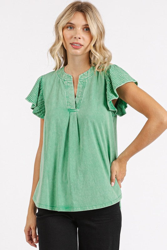 Mittoshop Mix Media Ruffle Short Sleeve Mineral Wash Top Grass Green