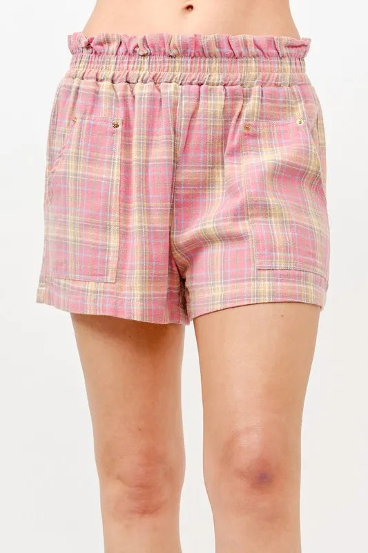 And The Why Plaid Print Smocked Detail Casual Shorts PINK S