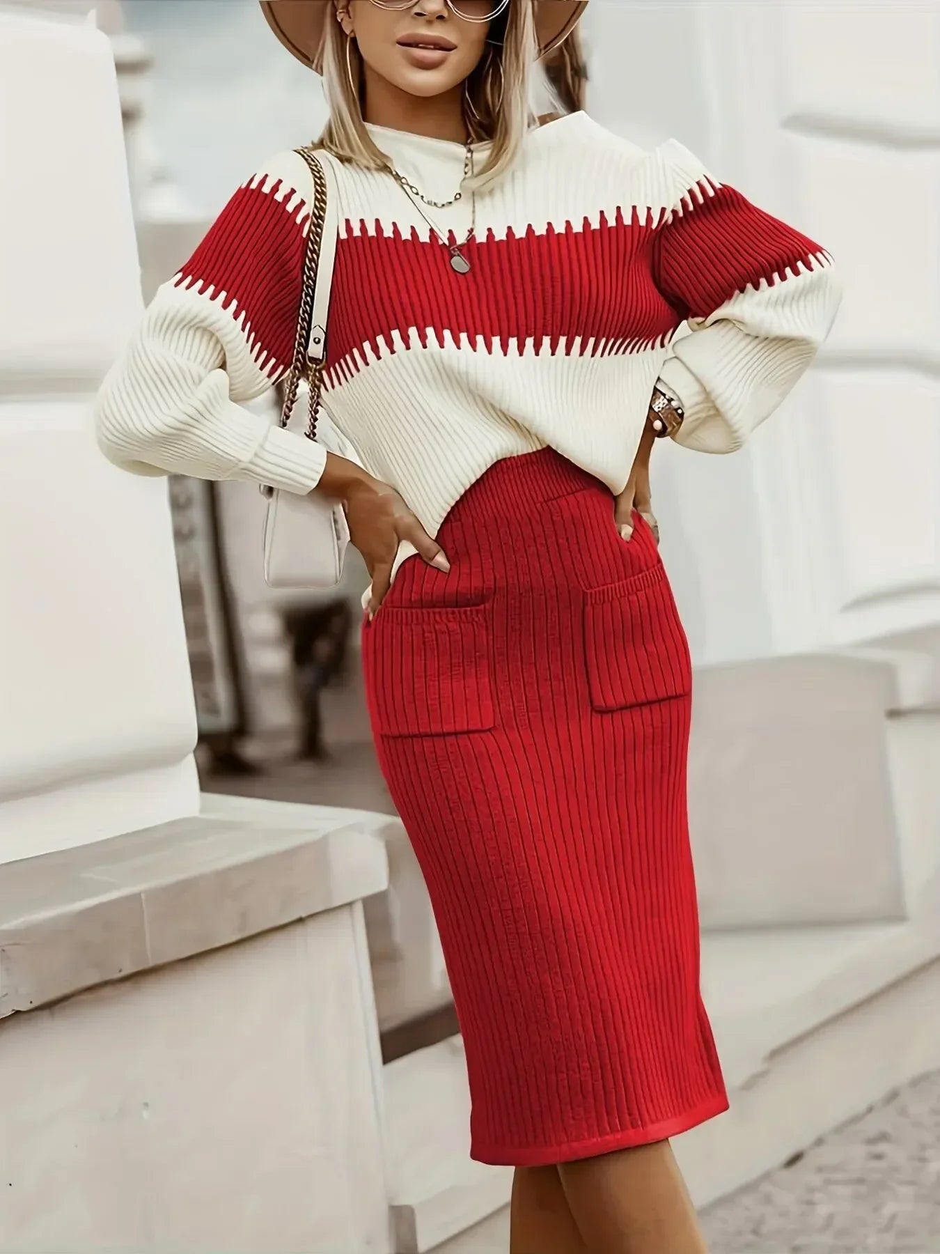 Two-Tone Ribbed Knit Top and Skirt Sweater Set - DAVERRI FASHIONS