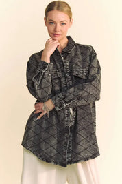 Black Davi & Dani Curved Hem Diamond Quilted Button Up Denim Shacket | Shackets Daverri Fashions