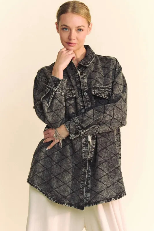 Black Davi & Dani Curved Hem Diamond Quilted Button Up Denim Shacket | Shackets Daverri Fashions