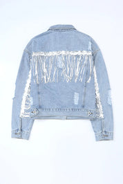 Sequin Fringe Trim Distressed Button Up Denim Jacket | Denim Jackets Daverri Fashions