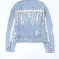 Sequin Fringe Trim Distressed Button Up Denim Jacket - DAVERRI FASHIONS