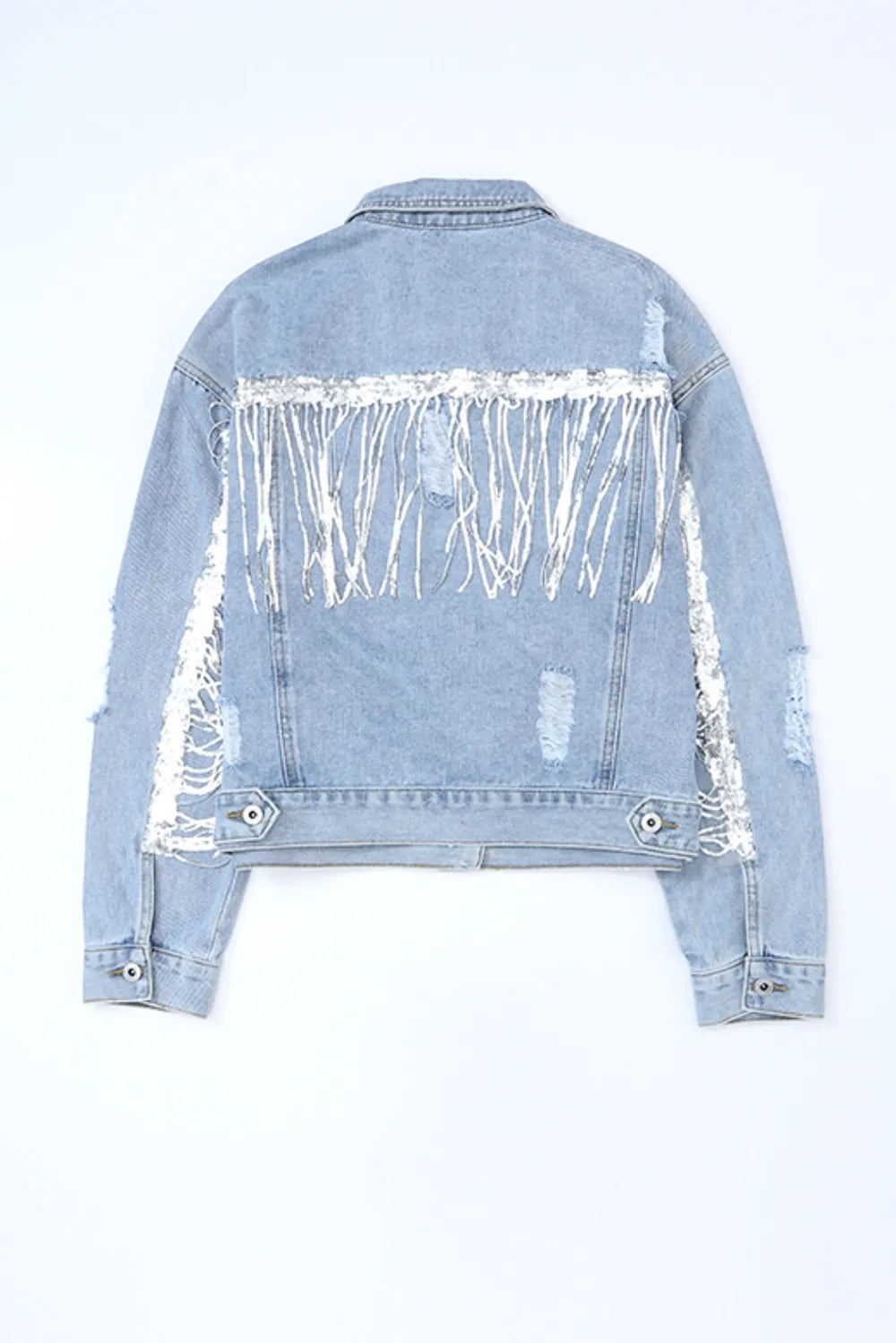 Sequin Fringe Trim Distressed Button Up Denim Jacket | Denim Jackets Daverri Fashions