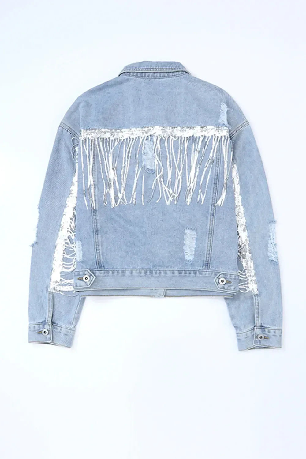 Sequin Fringe Trim Distressed Button Up Denim Jacket - DAVERRI FASHIONS